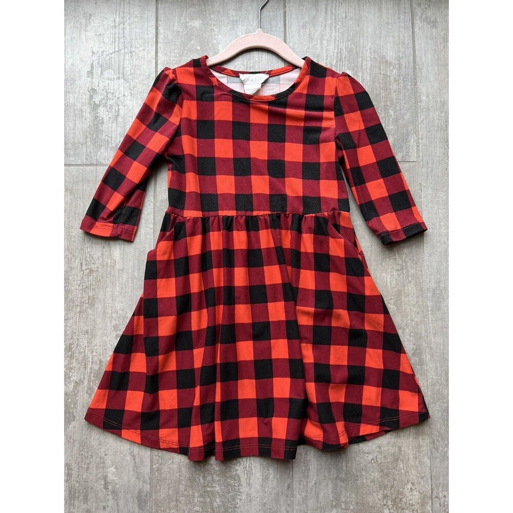 EMMA & ELSA Boutique Buffalo Plaid Check 3/4 Sleeve Dress Twirl Dress Pockets 4